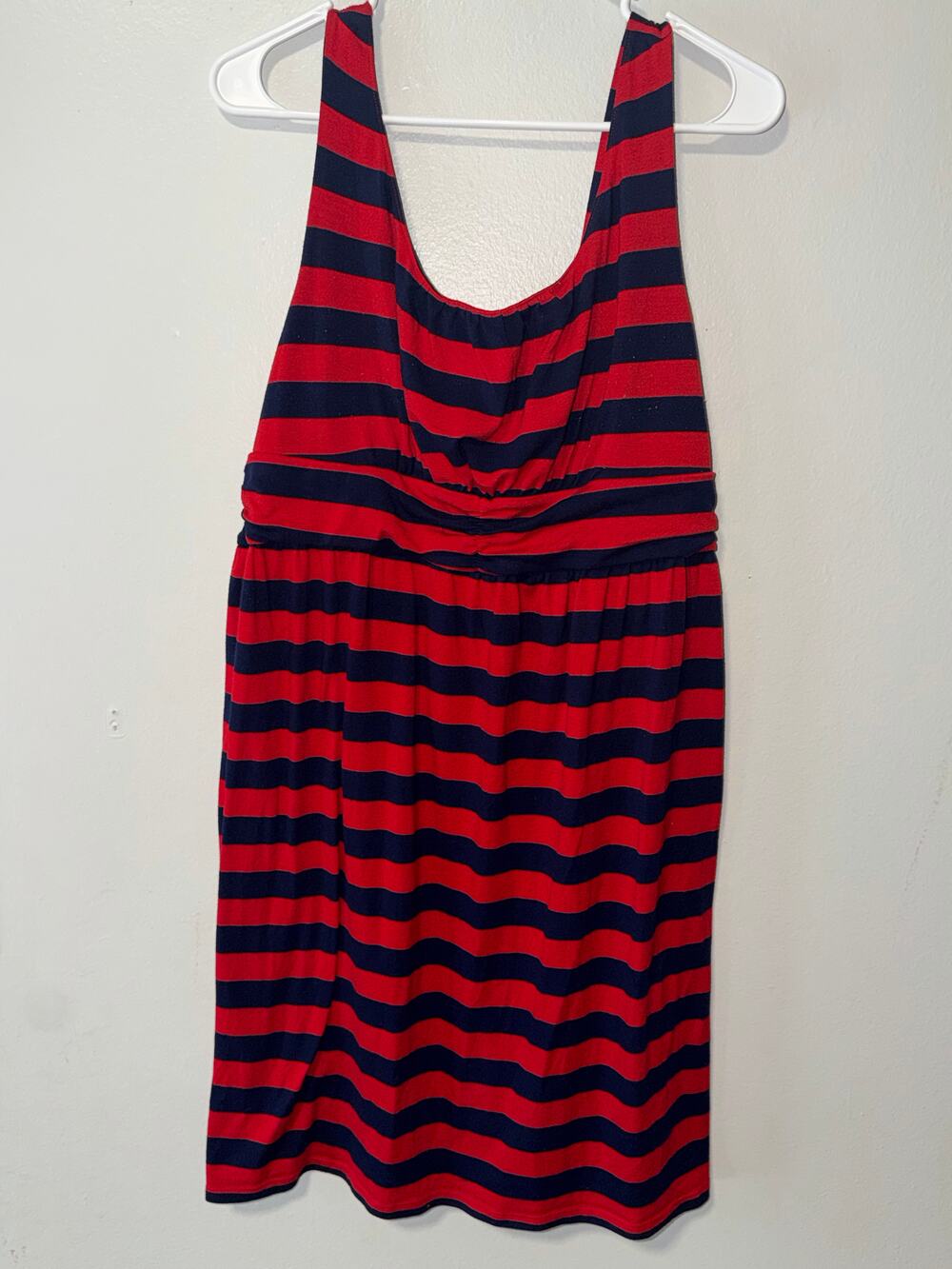 Faded Glory Red and Navy Striped Dress Scoop Neck Sleeveless Elastic Waist